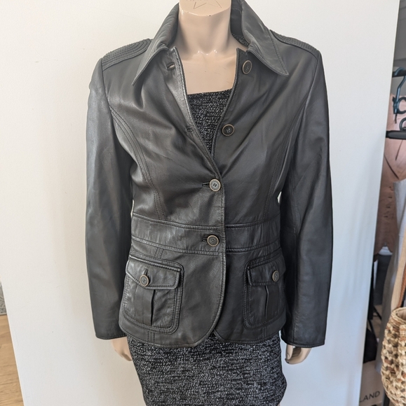 Esprit Black Leather Jacket Tailored Notched Lapels - Picture 3 of 13